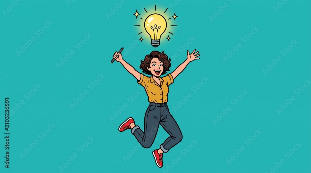 Obraz premium Creativity Concept Featuring a Cheerful Female Illustrator Jumping with a Glowing Bright Idea Bulb