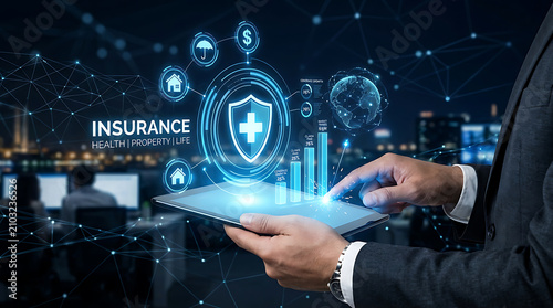 Insurance concept with digital tablet shield and network connections in a business setting