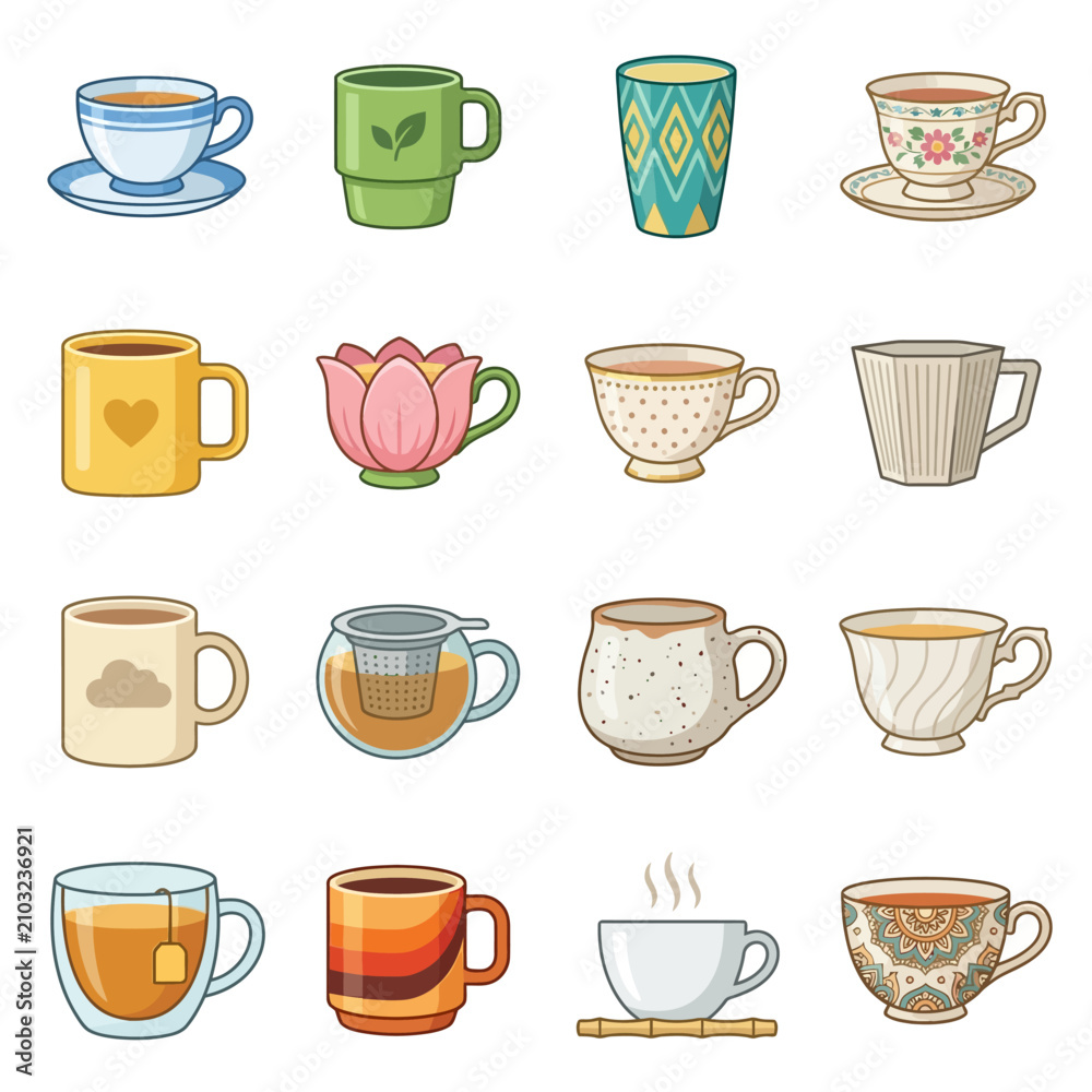 Obraz premium Assorted ceramic coffee mugs and tea cups with various colorful patterns and handles.