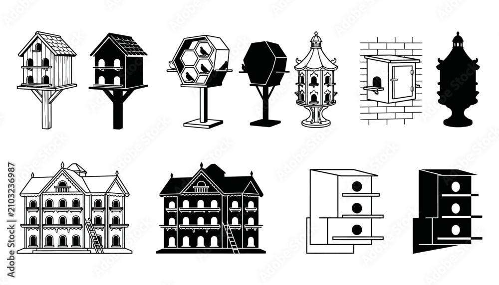 Fototapeta premium Wooden Pigeon House Designs for Backyard Loft, Bird Breeding and Homestead Farming Vector Icon Set