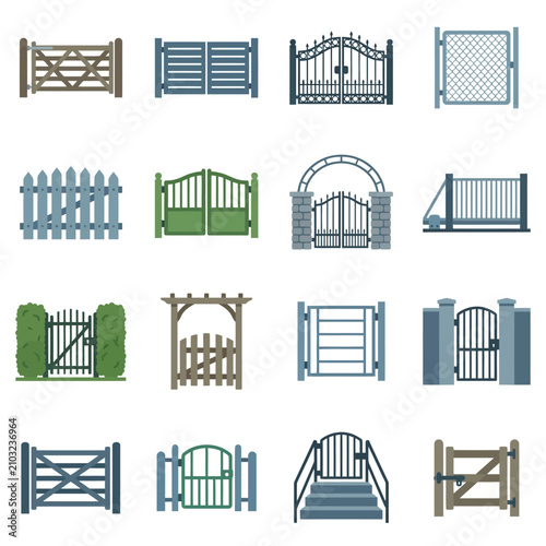 Assorted garden and driveway gate icons for architecture visuals.