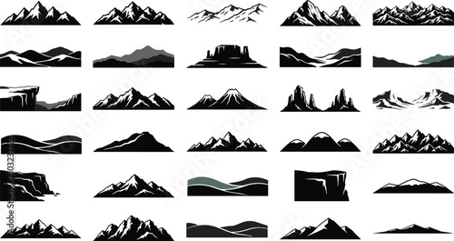Set of black mountain range silhouettes for landscape design and geography with mountain landscape silhouette geography adventure climbing collection elements environment