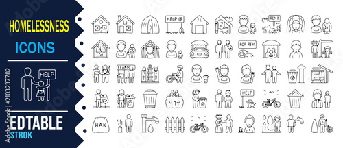 Homelessness Support Outline Icon Set with Editable Stroke