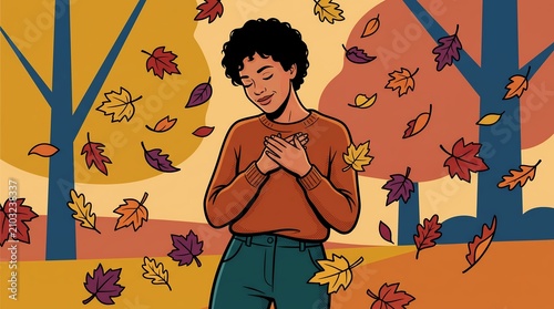 Gratitude Woman Feeling Thankful with Hands on Chest in Autumn Forest Surrounded by Falling Leaves