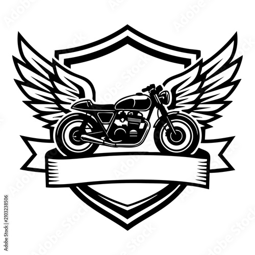 Motorcycle emblem design with wings and shield for biker club or garage branding motorcycle transport motorcyclist motorbiking adventure illustration heritage motorised lifestyle clubhouse