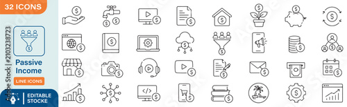 Tableau sur toile 32 Passive Income Vector Outline Icons Set – Online Earnings, Financial Freedom,