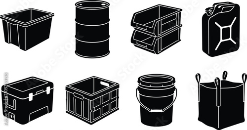 Industrial storage and logistics containers vector icon set featuring shipping and containment solutions