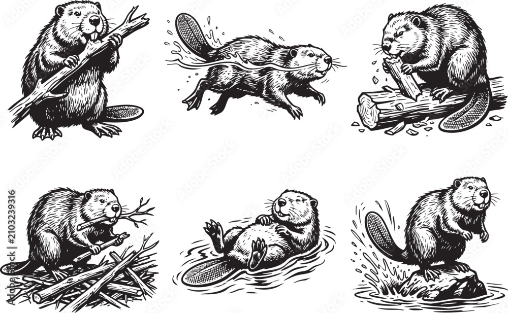 Obraz premium Set of beavers. Hand drawn vector illustration 