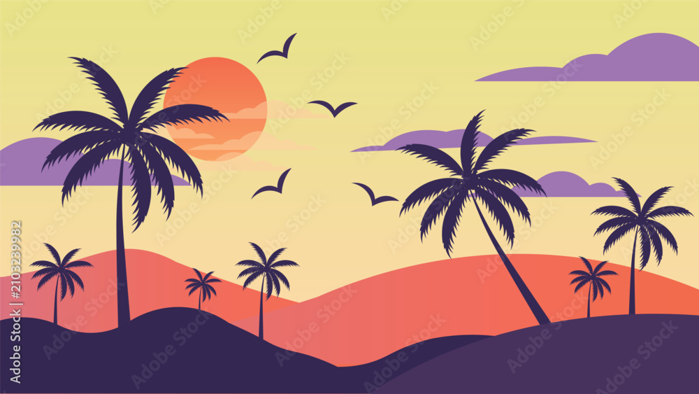 Fototapeta premium Tropical Sunset Landscape with Palm Trees Mountains Birds and Scenic Island Nature Background