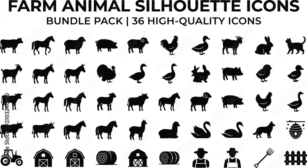 Fototapeta premium Farm animal silhouette icons bundle pack featuring cow, horse, pig, sheep, goat, rooster, duck, tractor, barn, and agriculture elements for digital graphic design.