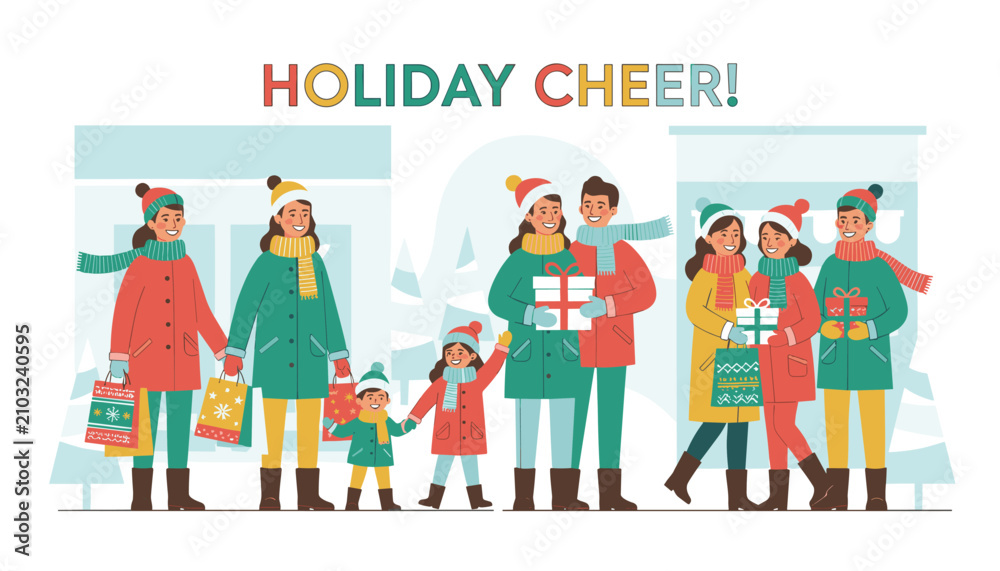 Fototapeta premium Group of happy friends and families carrying shopping bags and gifts while celebrating winter holidays together.