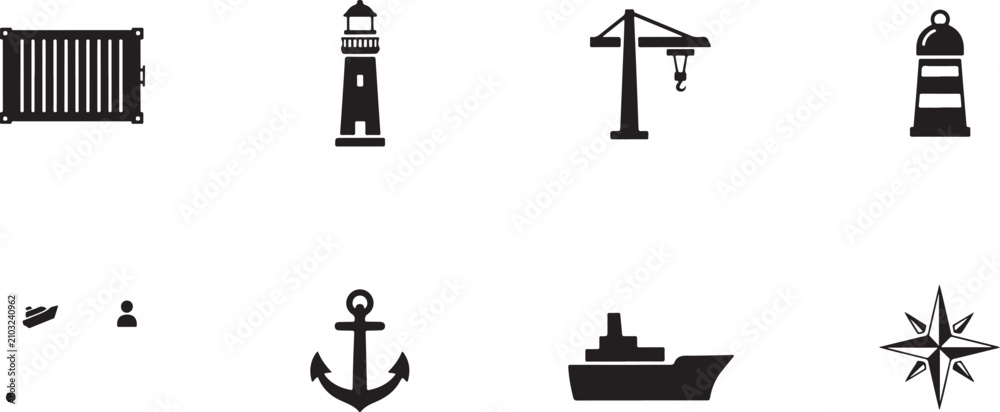 Naklejka premium Assortment of black silhouette depicting maritime, industrial, and navigation symbols