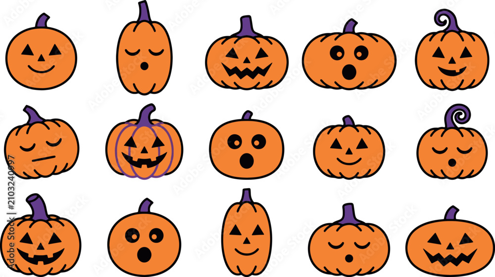 Fototapeta premium Cute Halloween pumpkin faces vector element set