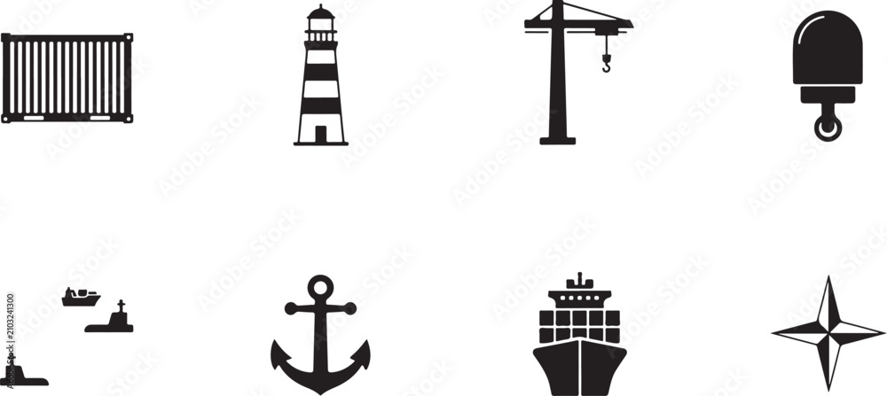 Naklejka premium Collection of black maritime and industrial silhouette symbols