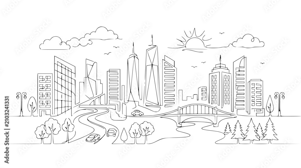 Fototapeta premium Modern City One Line Drawing Vector with Continuous Skyline Minimal Line Art