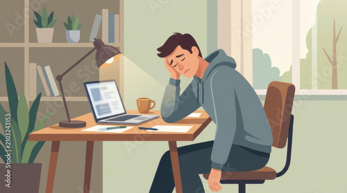 Overwhelmed Student Exhausted Studying Late Night At Home Desk Illustrative Graphic