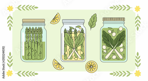 Pickled asparagus and green vegetables in glass jars, flat vector illustration