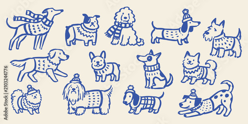 Fotografía Dog Breeds in Winter Clothes Hand Drawn Vector Illustration