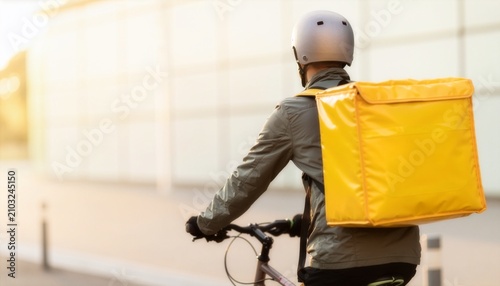 Back view of a bicycle delivery courier wearing a silver helmet and carrying a bright yellow thermal backpack, riding along a clean city sidewalk in warm sunlight.