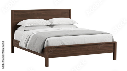 Foto Modern wooden double bed with white and grey bedding