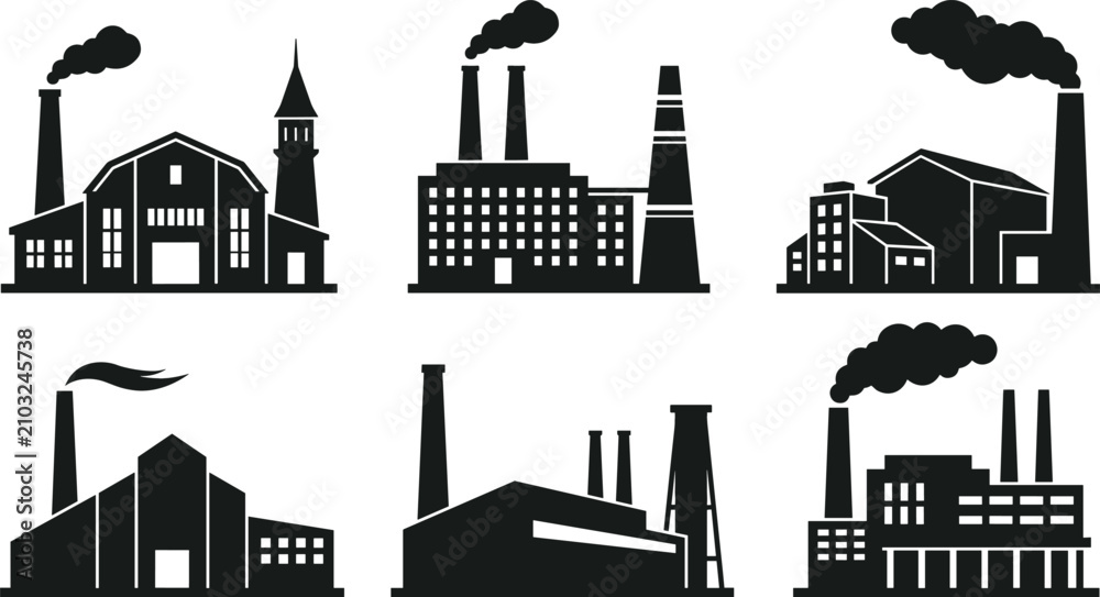 Obraz premium Industrial Factory Building Silhouette Icon Set with Smoke Stacks Power Plants Warehouses and Manufacturing Facility Vector Graphics for Business Logo Designs