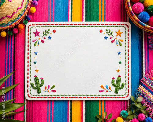 Embroidered cactus frame on colorful striped textile vibrant fiesta decoration succulent