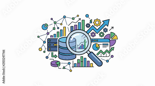 Colorful illustration of data analysis charts and databases