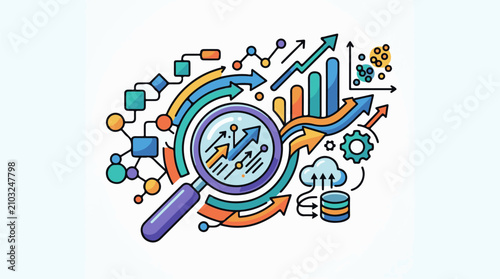 Colorful illustration of data analysis charts and upward arrows