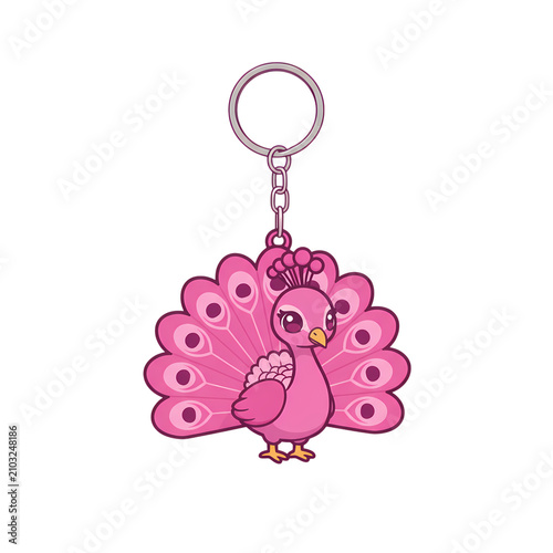 Cute pink peacock keychain featuring a vibrant bird design with a metallic ring and chain