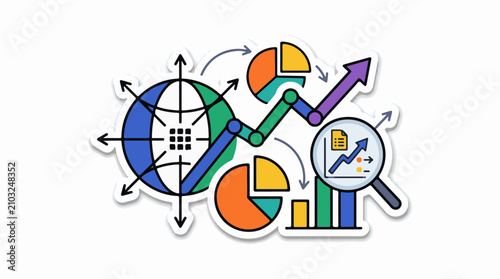 Colorful graph globe and magnifying glass depict analysis