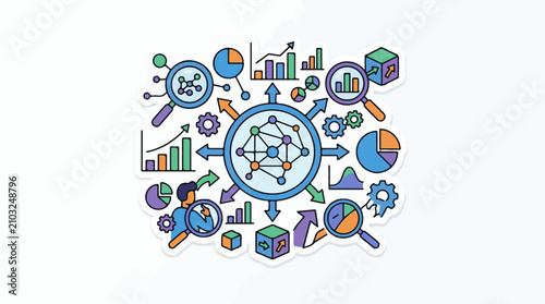 Colorful graphic depicting data analysis charts and concepts