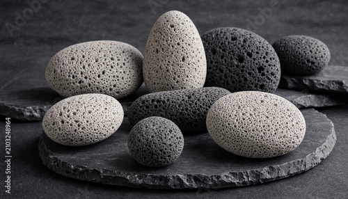 Vászonkép Assorted natural pumice stones of different shapes and sizes arranged on a dark