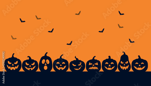 Schilderij op canvas Halloween pumpkins silhouette border