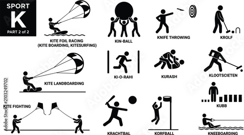Bild auf Leinwand Sports alphabet K pictogram set containing black stick figures playing kiteboard