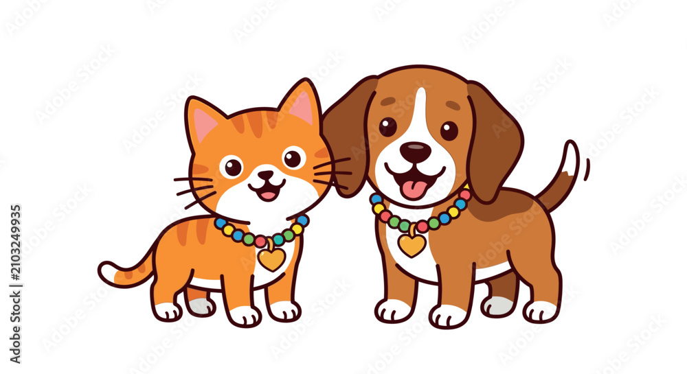 Obraz premium Cartoon cat and dog with colorful collars vector illustration on white background