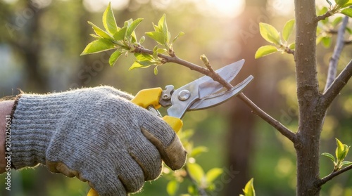 Gardener using pruning shears to trim a tree branch