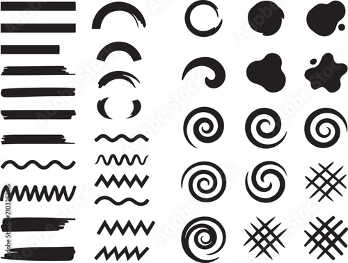 Hand drawn spiral, zigzag lines and concentric circles vector elements
