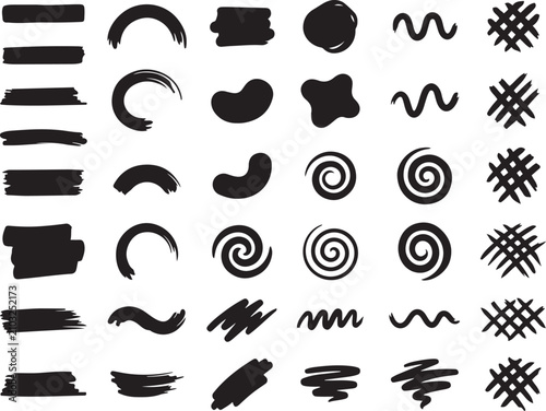 Abstract organic shapes, brush strokes and doodle lines vector set