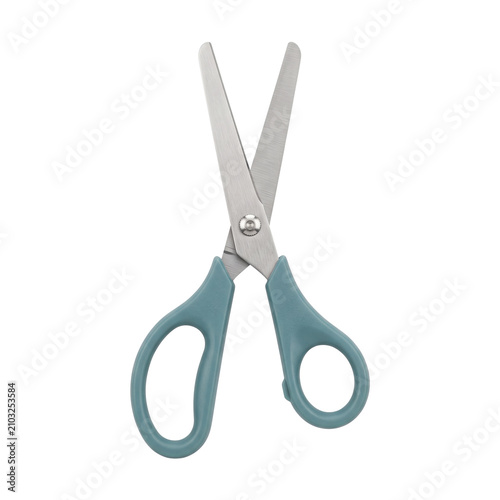 Open metal scissors with blue handles