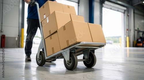 Low angle view of a logistics worker pushing a metallic platform hand truck stacked with cardboard boxes across a bright warehouse floor with open loading dock doors.