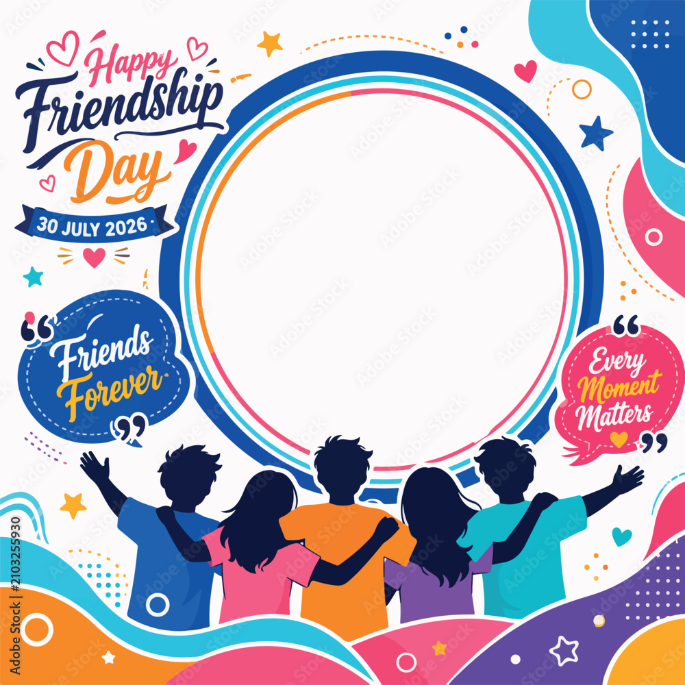 Fototapeta premium A vibrant friendship day graphic with silhouettes of friends and decorative elements