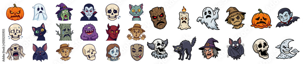 Fototapeta premium Halloween Cartoon Monster Character Vector Icon Set