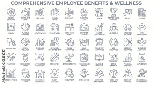 Employee benefits and workplace wellness iconography for corporate human resources usage.