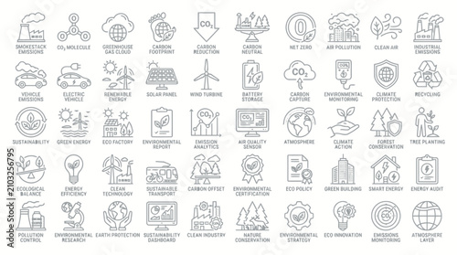 Eco friendly line icon set collection of environment sustainability and renewable energy.