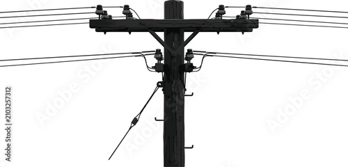 Wooden utility pole silhouette with high voltage electrical power lines crossarm and insulators isolated on white background