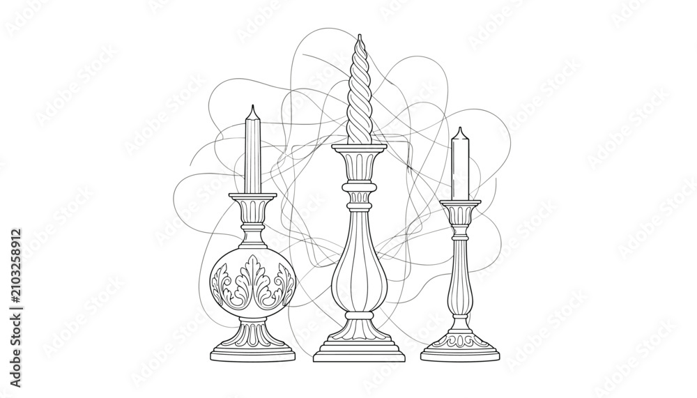 Fototapeta premium Elegant line art illustration showing three ornate vintage candlesticks with lit candles on a modern abstract background.