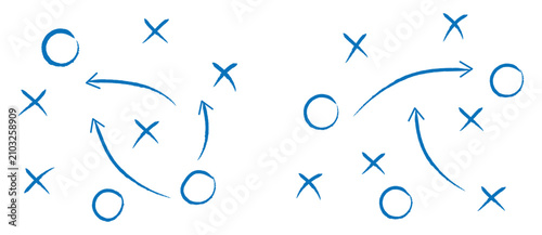 Foto Hand drawn doodle football tactics strategy game plan for football basketball and handball with arrows X and O symbols vector illustration