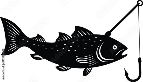 Photos A black and white linocut style illustration of a fish caught on a sharp fishing