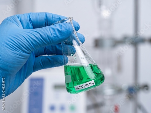 Gloved hand holding an Erlenmeyer flask filled with a vibrant green copper sulfate solution in a scientific laboratory setting.