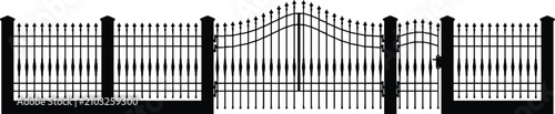 Fotografie Wrought iron fence silhouette with elegant classic metal gate isolated on clean